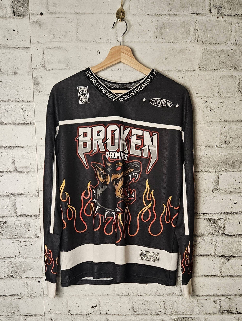 Broken Promises Flame Dog Graphic Hockey Jersey Streetwear Small